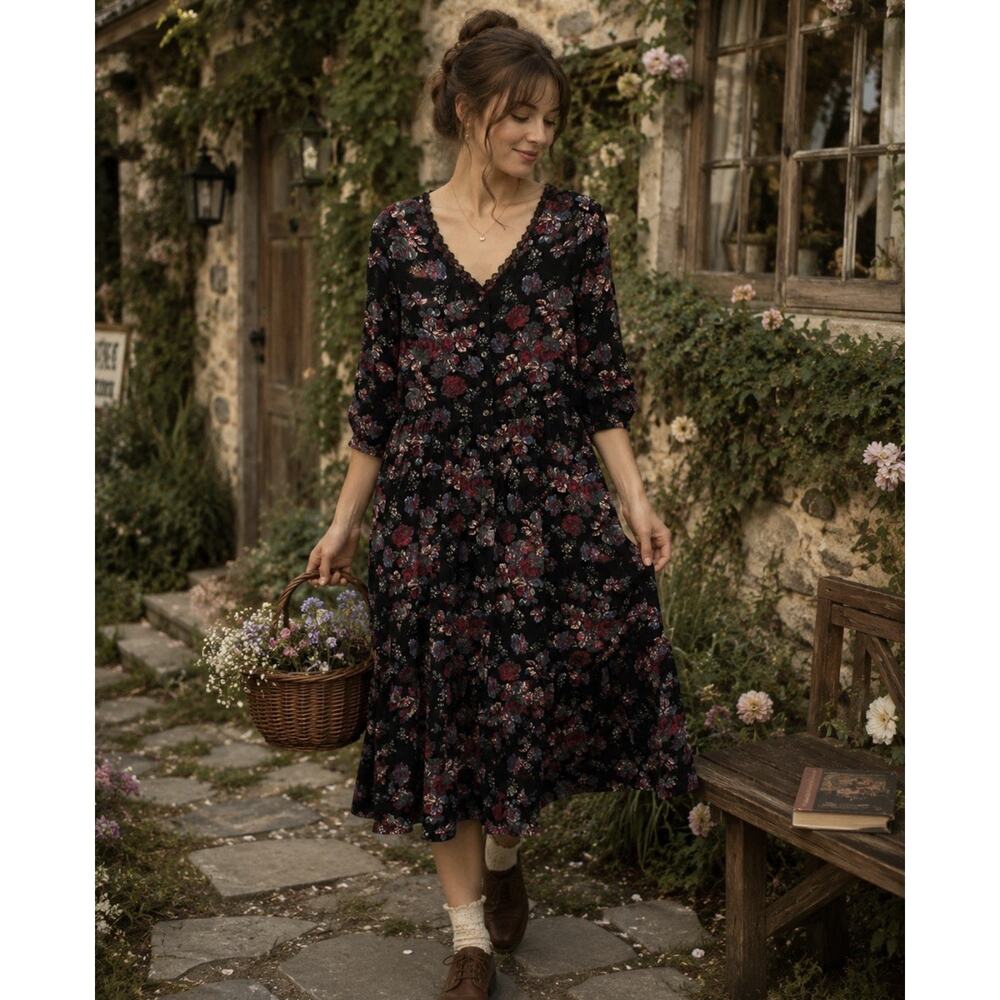 Vintage April Cornell Large Floral Midi Dress Boho Prairie Cottagecore Modest B1